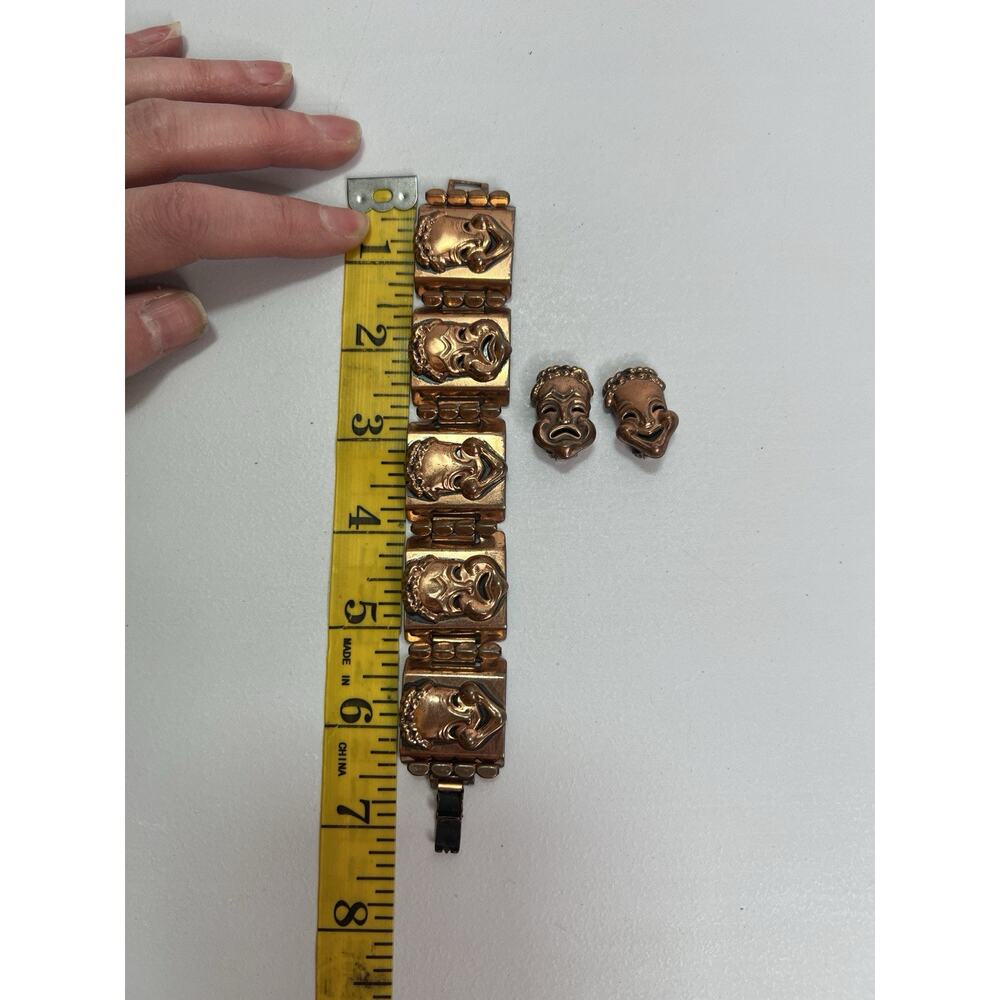 Vintage 1950's RENOIR Copper Theater Drama Masks Bracelet & Clip On Earrings - Picture 9 of 9